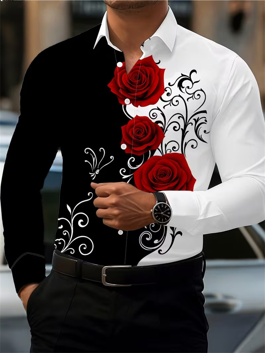 Men'S Fashion Trends - Men's Red Rose Print Long-Sleeve Shirt,