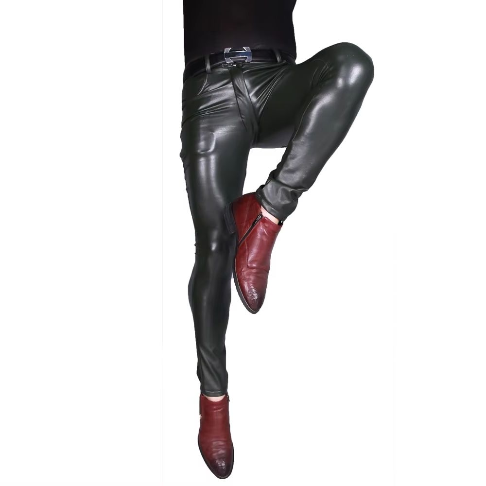 Mens Punk PU Faux Leather Trou - Skinny Jeans Ripped review and price