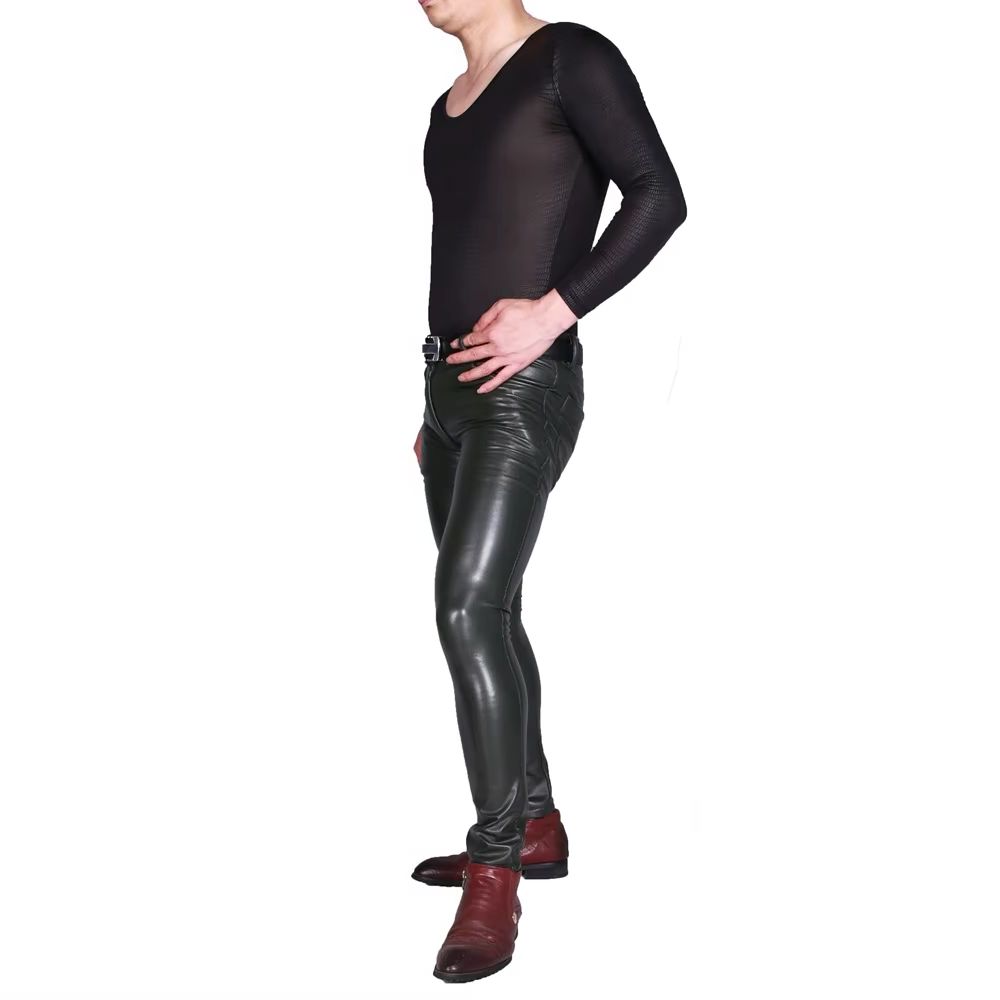 Mens Punk PU Faux Leather Trou - Skinny Jeans Ripped review and price